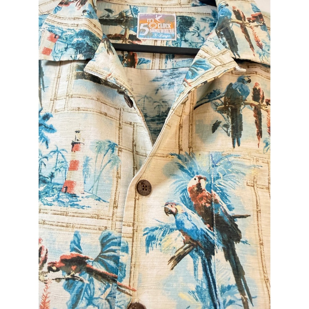 It's 5 O'Clock Somewhere 100% Silk Shirt Tan Parrot Tropical Print Mens XL - Picture 2 of 7